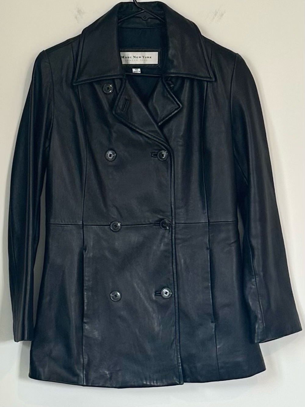 Vintage Marc New York Andrew Marc Black Leather Double-Breasted Coat - Size: XS - Picture 2 of 9